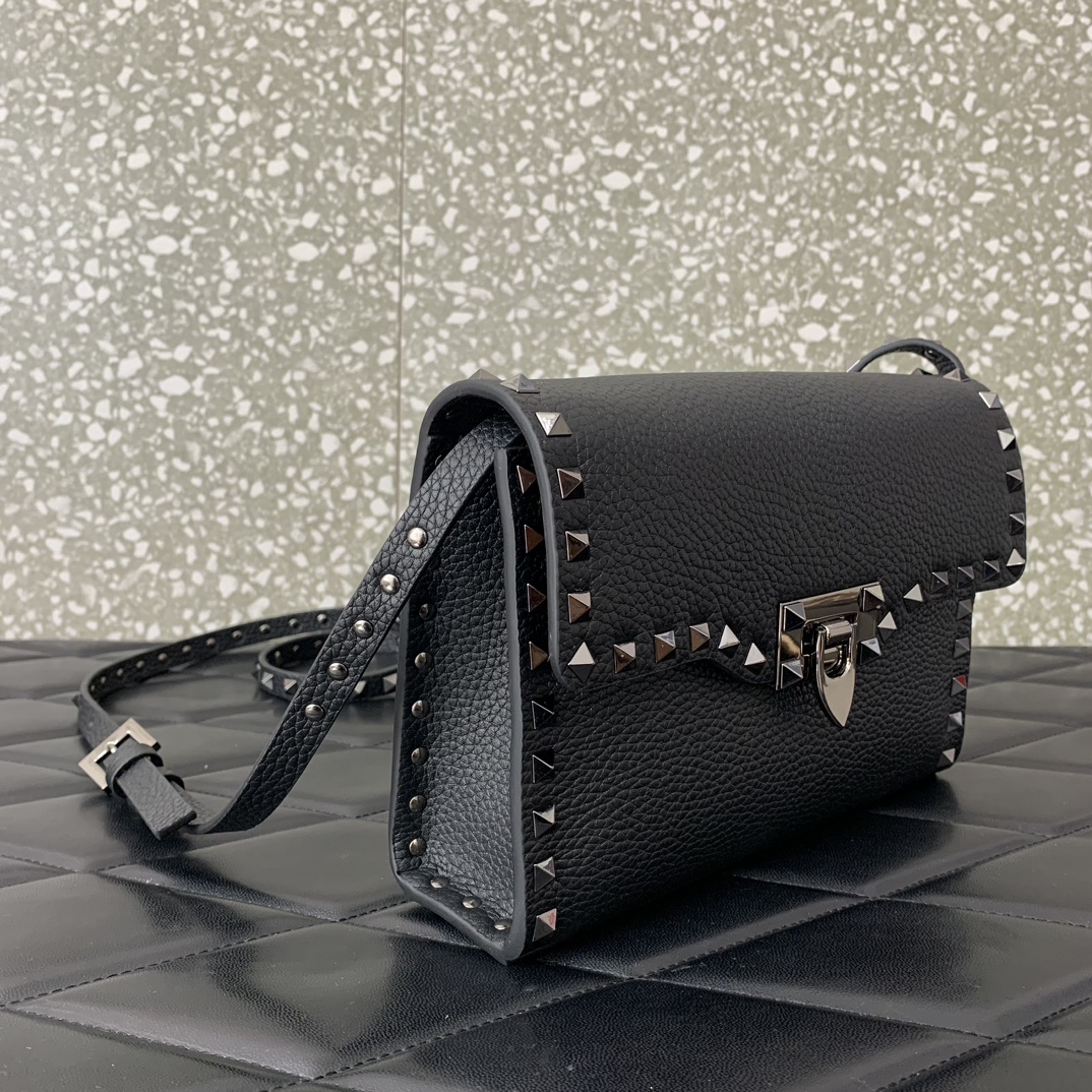 Valentino Garavani Rockstud Crossbody Bag in Black Grainy Calfskin